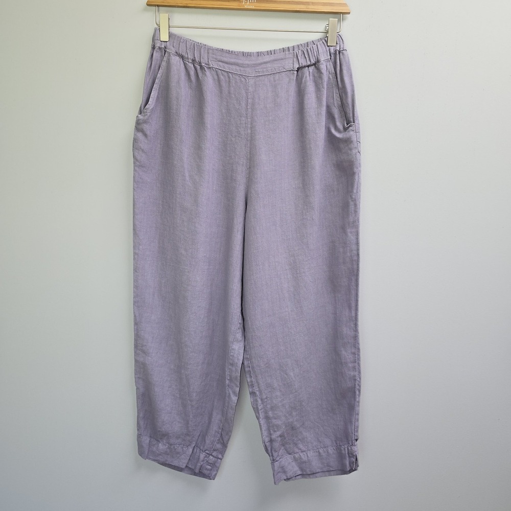 CP Shades Linen Pant Size L Purple Straight Leg Pockets USA Made Elastic Waist
